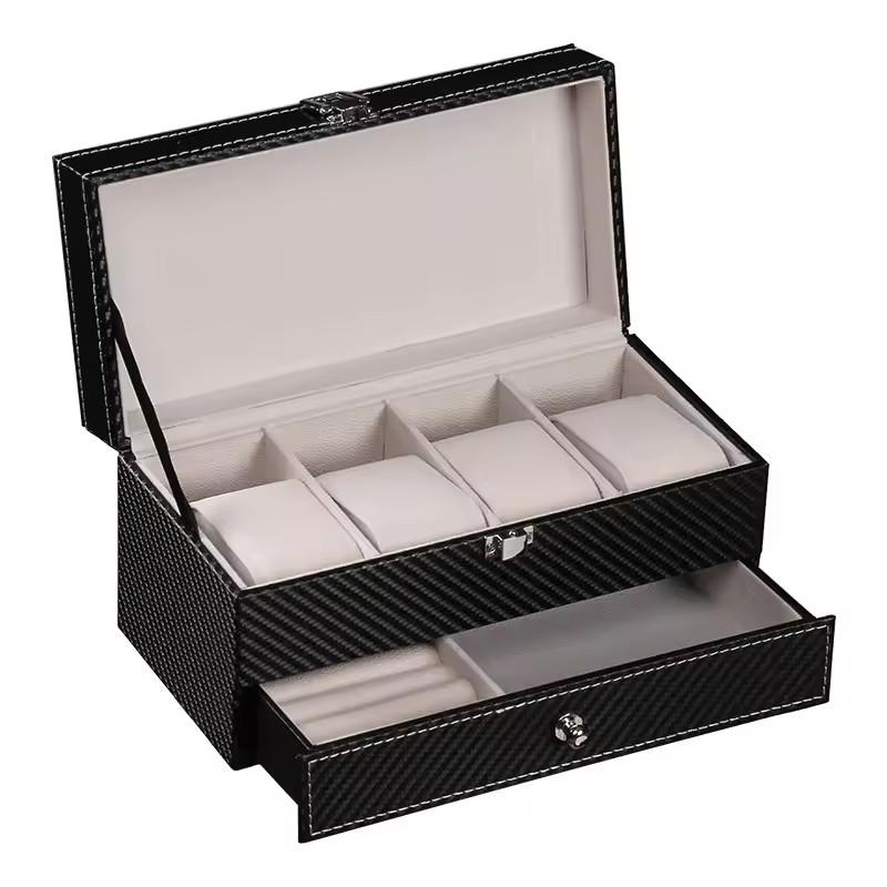 Watch Box PU Leather Jewelry Organizer Travel Display Case for Men /Women,4 Slots Magnetic Top,Black
