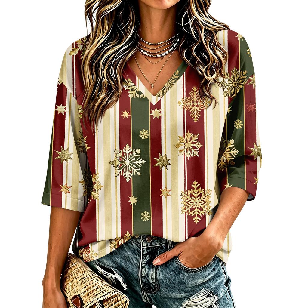 Women's Casual Christmas Print V-Neck Three-Quarter Sleeve Blouse for Holiday Party
