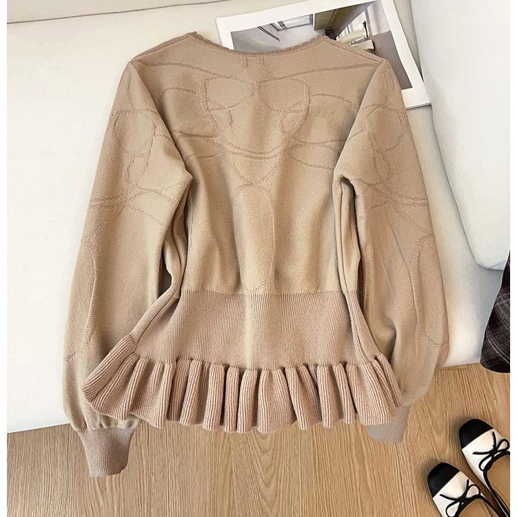 Autumn Winter Women's Knit Pullover with Waist Tie and Flounce Design Casual Sweet Sweater