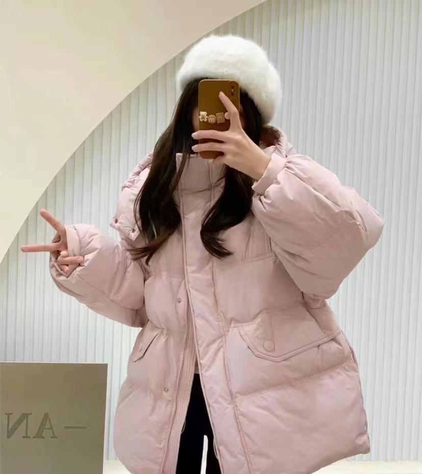 New counter high-end winter clothing hooded waist down jacket women's medium and long casual loose thickened white duck down