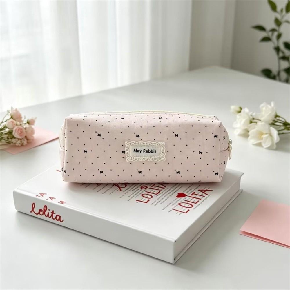 Polka Dot Pencil Case Canvas Storage Bag Cute Pen Pouch Student
