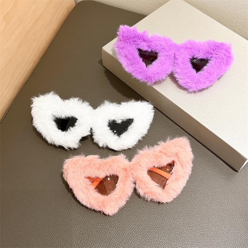 3 Pairs Heart Shaped Furry Sunglasses Women Fashion Cute Winter Outdoor Shades Trendy Original Sun Glasses