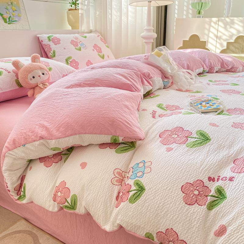 Set Lenzuola Seersucker a Quattro Pezzi Lenzuolo Copripiumino Federe