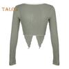 Women Tops V-Neck Lace Stitching Long Sleeve Irregular Hem Pullover Tops Solid Color Ribbed Slim Fit Cropped Tops