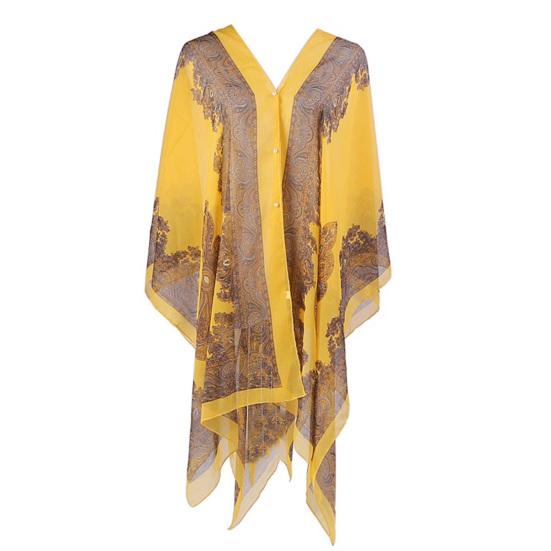 Women Summer Beach Bikini Cover Up Loose Chiffon Blouse Shawl Scarf with Buttons