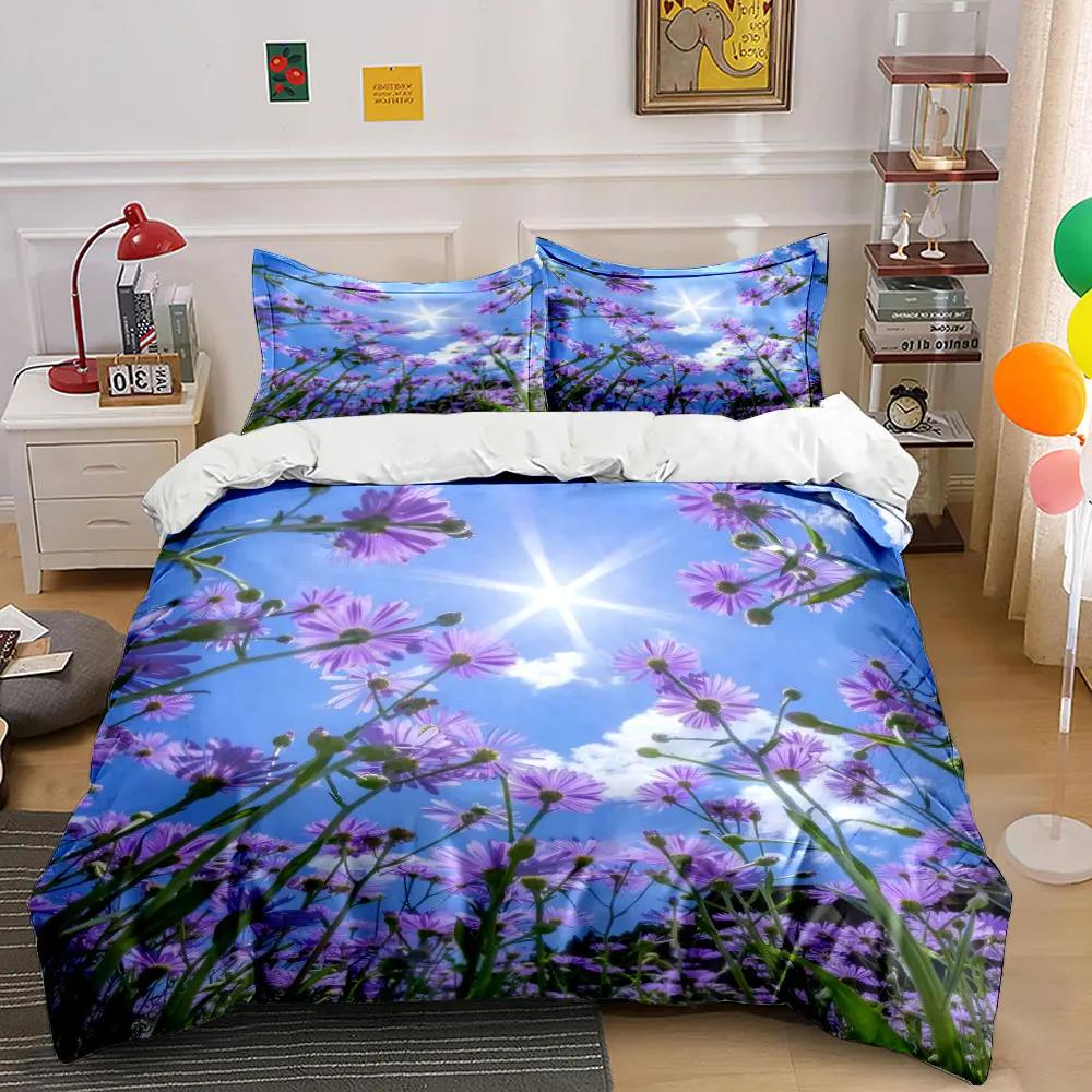 Purple Flower Field Decorative Set Bedding Set with 1 Duvet Cover 2 Pillowcases Single Double King Queen Gift