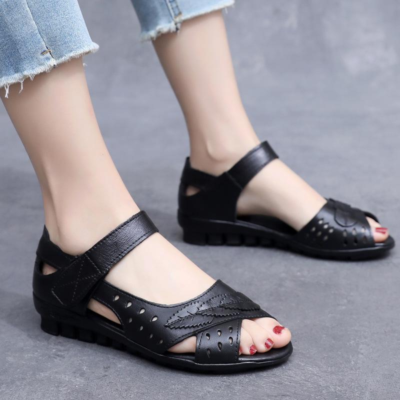 Fashion GKTINOO Women's Sandals Summer Genuine Leather Handmade Ladies Flats Sandals Women Soft Bottom Casual Non-slip Flat Mother Shoes