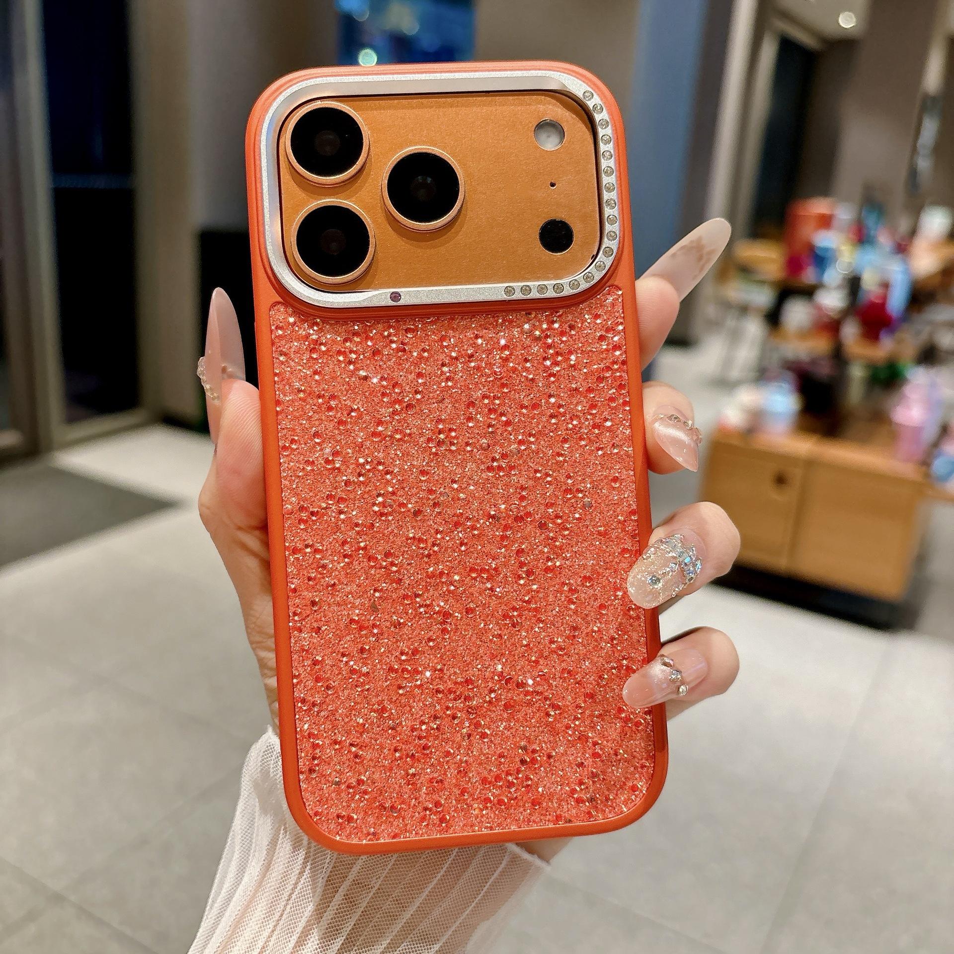 Applicable to iPhone17PROMAX luxury diamond rhinestone mobile phone case Apple 16 flash diamond metal ring 15 anti-drop protective case iPhone17Pro Max оранжевый