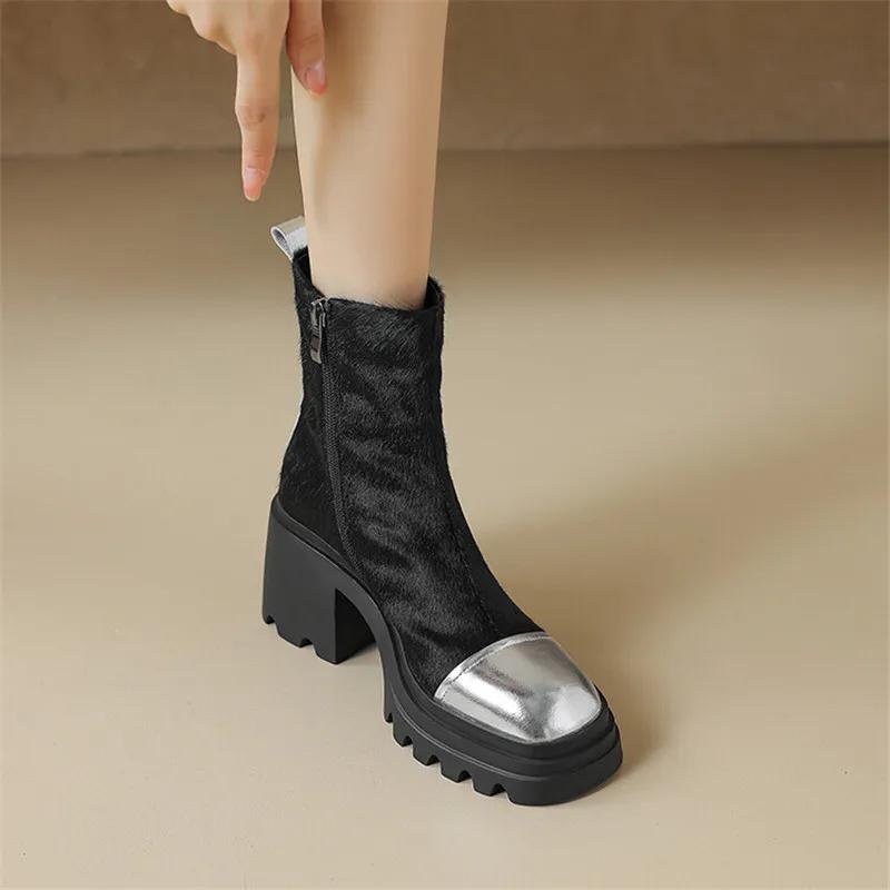 Fashion 2025 Autumn Leopard Horsehair Women Boots Square Toe Platform Boots for Women Fashion Short Boots Winter Boots Zapatos De Mujer