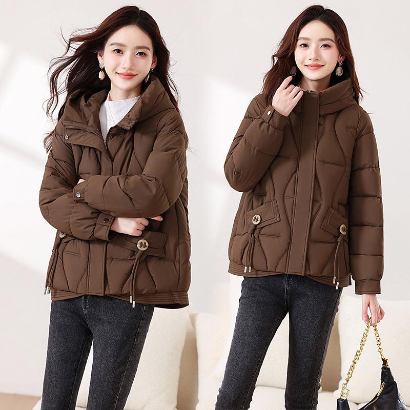 

Women s diamond lattice fashion versatile hooded cold fluffy thickened warm loose high-quality fabric leisure outdoor travel sports cotton coat jacket L темно-коричневого