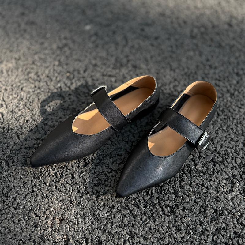 Johnature Retro Mary Jane Pointed Toe Women's Shoes Versatile Genuine Leather Soft Soled Flat Shoes