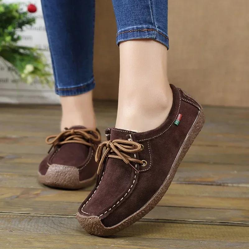New Arrival Women Casual Shoes 2025 Suede Leather Flats Sneakers Lace Up Ladies Shoes Fashion Loafers Plus Size 35-42