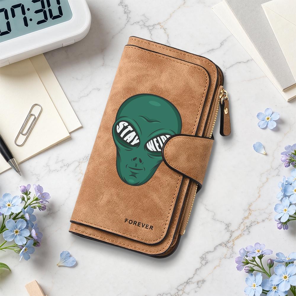 Green Alien Print Long Wallet Stylish Daily Use Card Holder Casual Portable Purse