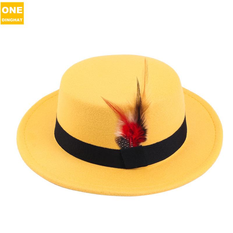 Men'S And Women'S Woolen Wool Flat Top Top Top Hat Retro Chicken Feather Jazz Hat Gentleman'S Hat Jdl-008A