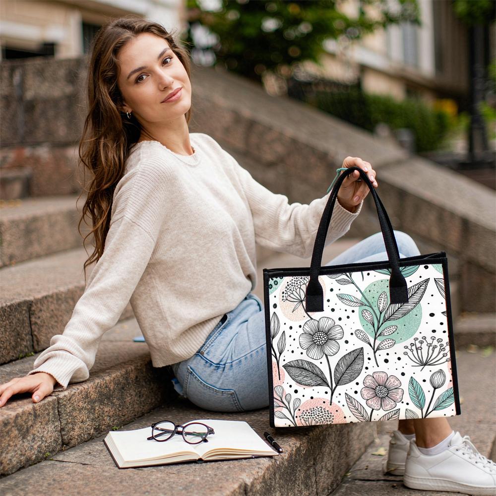 Floral Print Tote Bag Casual Daily Shoulder Bag for Women Lightweight Reusable Shopping Handbag