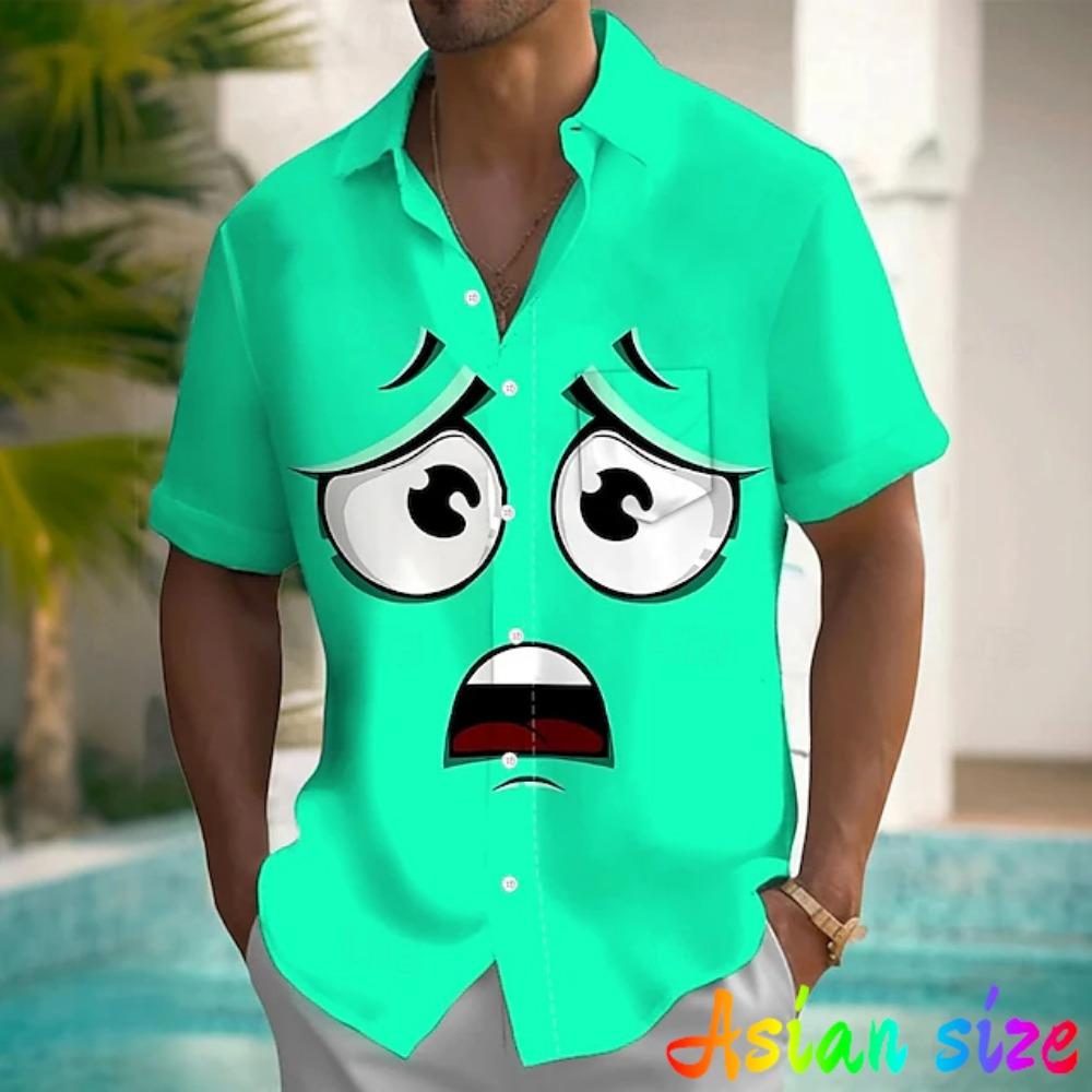 Funny Smiling Face Graphic Hawaiian Anime 3D Print Short Sleeve Blouses for men Vacation Party Lapel Summer