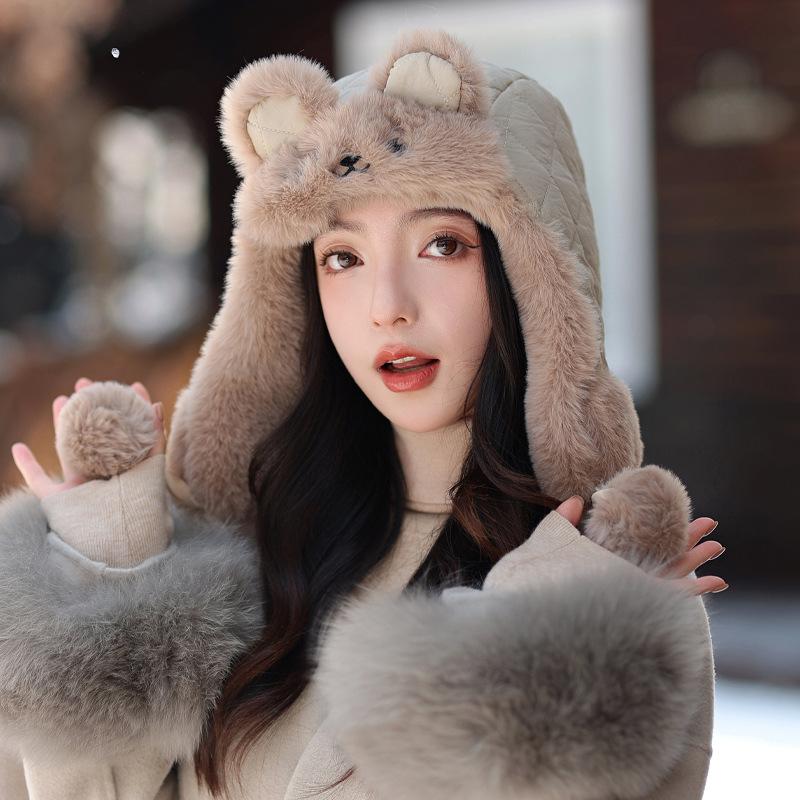 Cute Rabbit Ear Plush Hat for Women In Winter Plush Warm Lei Feng Hat Riding Cold Northeast Ear Protection Hat Thick