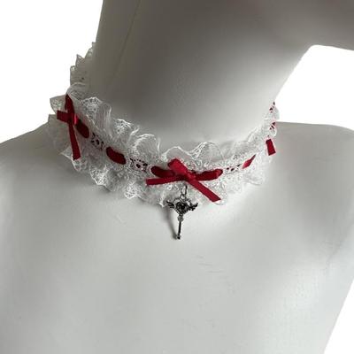 Bowknot Lace Trim Choker Necklace with Heart Wing Key Pendant Adjustable Ribbon Choker for Women Wedding Halloween Party