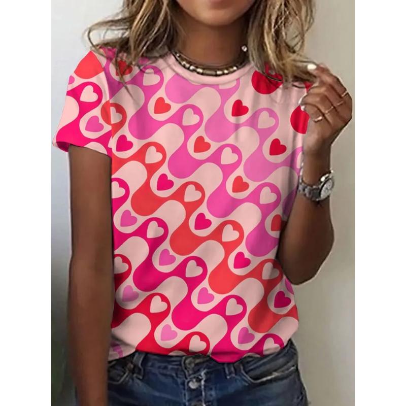 Fashion Women's Rose Love Short Sleeve Crew Neck T-Shirt 3D Rose Love Color Printing Crew Neck Short Sleeve