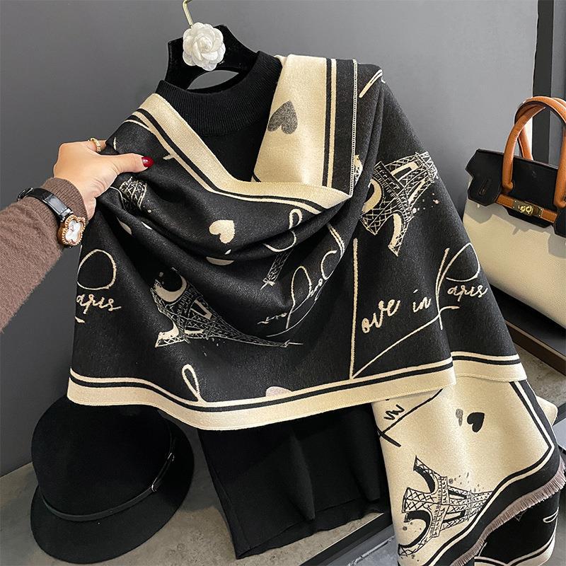 New Autumn and Winter Imitation Cashmere Scarf for Women European and American Style Iron Tower Pattern  Warm Outer Wear Multi Purpose Scarf