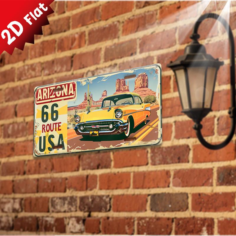2D Flat, Vintage Metal Tin Sign - Route 66 Retro Car & Arizona Landscape Wall Art, 11.8x5.9 Inch Aluminum Decorative Plaque