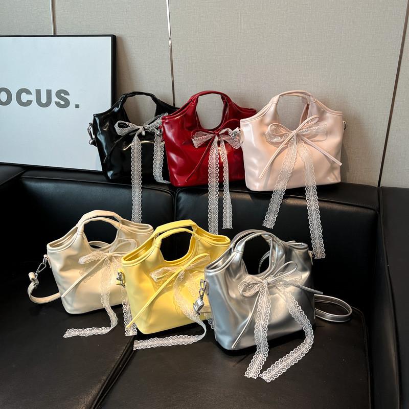 Ribbon Bow Solid Color Bucket Handbag Single Shoulder Crossbody Bag Women Gift