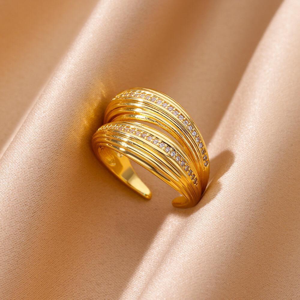 Zirkon Kristall Geometrische Ringe für Damen Edelstahl Goldfarbe Verstellbarer Fingerring Trendiger Hochzeitsschmuck Luxus