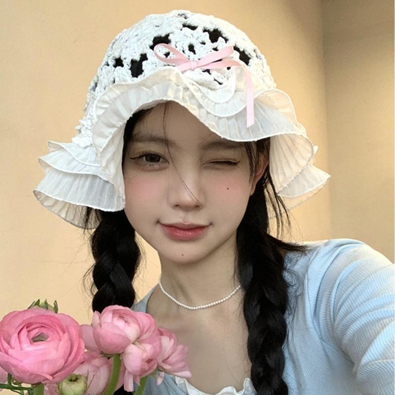 Summer Spring Crochet Bucket Hat Woman Commutes Camping Taking Photo Fisherman Hat with Pleated Trim for Girlfriend