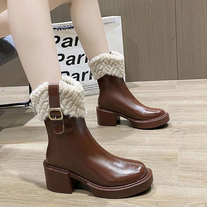 

WTEMPO Mid-heel Women s Autumn Winter Plush Inner Snow Boots Soft Sole Non-slip Skiing Boots Plus Size Warm Faux Leather Shoes 40 коричневый