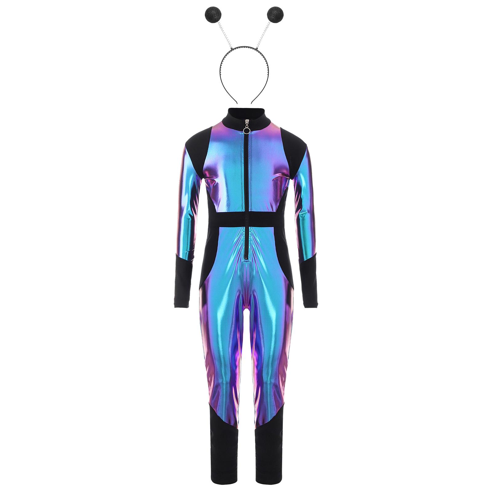 

Дитячий костюм для косплею прибульця З довгим рукавом, з високою талією, блискучий металевий комбінезон на блискавці, боді на Хелловін 5-6 Years чорний/синій