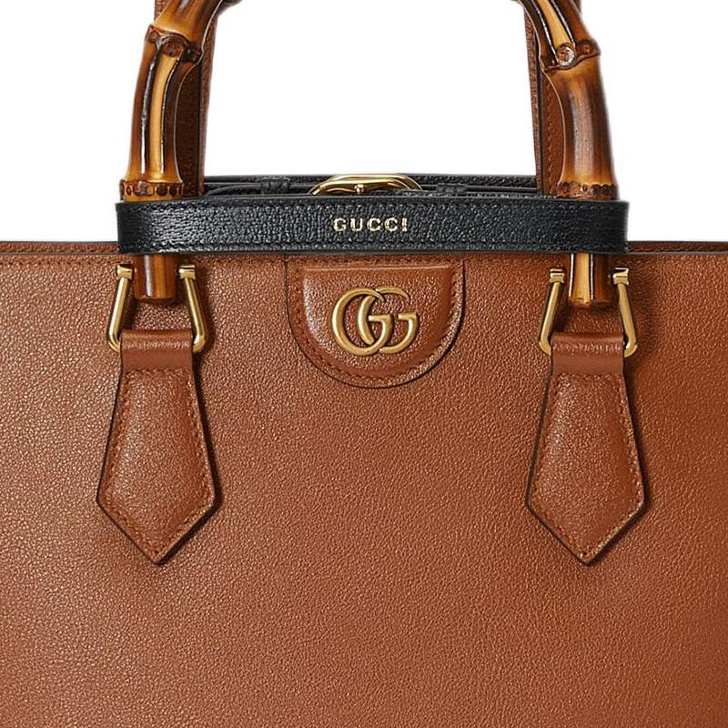 Gucci Diana Bamboo Double G Logo Solid Leather Tote Bag Women tote bags Brown 750394-UAAAY-2548