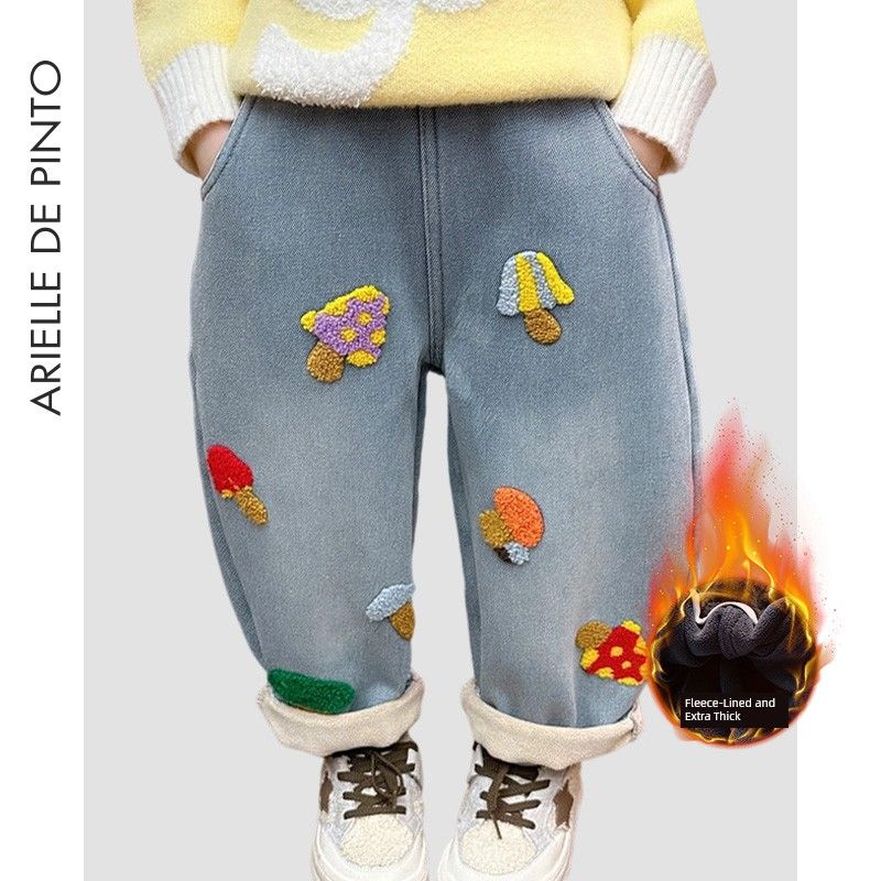 French Arielle De Pinto Girls  Winter Thickened Fleece-Lined Jeans, Loose Straight-Leg Pants with Integrated Fleece Light Blue (Plus Velvet) 90