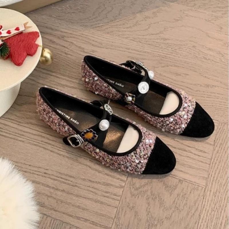 Fashion Women Ballet Flats Fall Low Heel Pumps Knitted Mary Jane Shoes New Design Rhinestone Buckle Flat Shoes Mary Jane Buckle Low-heel