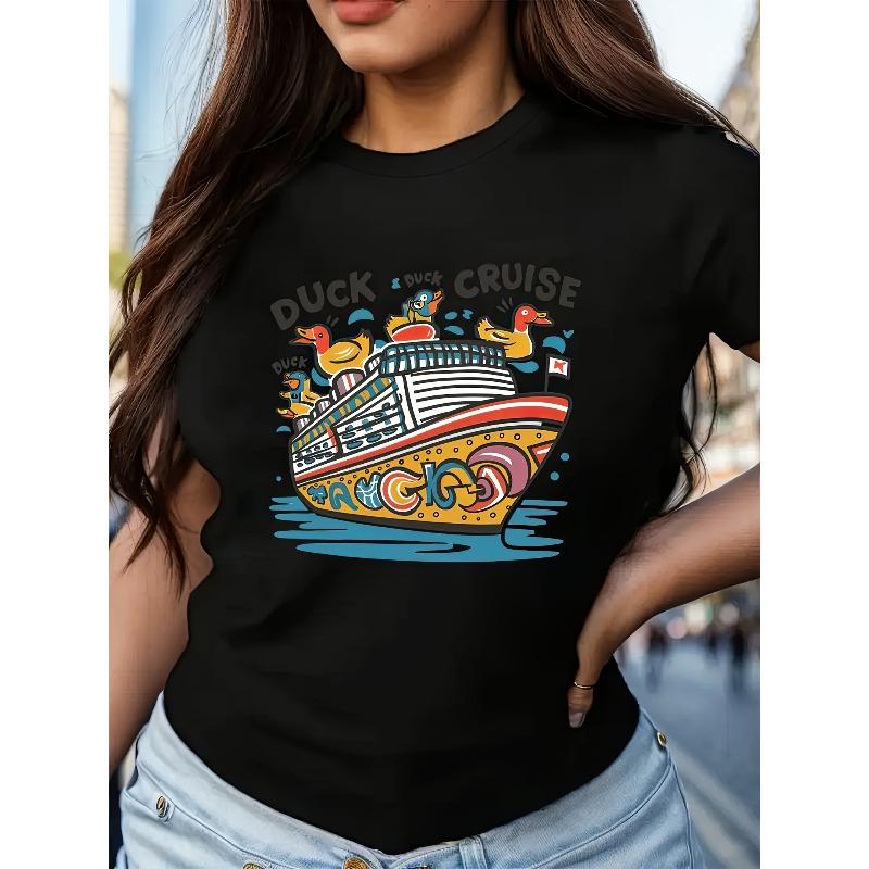 

Womens Duck Cruise Graphic Print T Shirt Short Sleeve Crew Neck Vibrant Cartoon Design Machine Washable Spring Summer Casual Top 4XL чорний