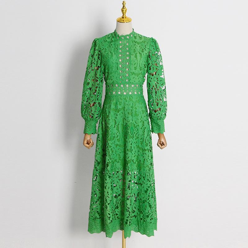 Retro Style Waist Embroidery Swing Dress Spring and Autumn Fashion Bubble Sleeve Dress Women's Medium Long Dress