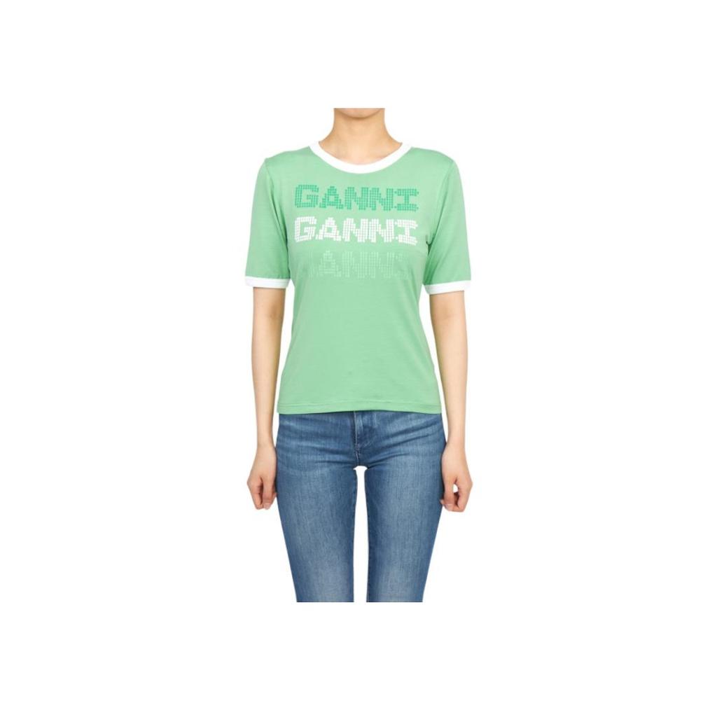Ganni Ss23 Letter Print Round Neck Short Sleeve T-Shirt Women tops Green T3352-484