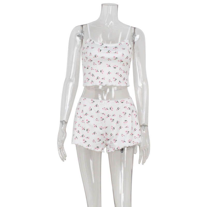 

Outfitgirl Sweet Cute Floral Suspenders Pajamas Women s Summer Pure Desire Casual Shorts Homewear Suit White S