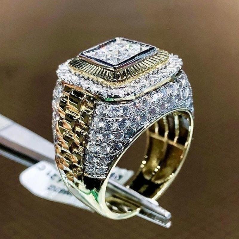 Luxury Classic Men's Cubic Zirconia Ring, Two Tone Fashionable Aesthetic Jewelry, Banquet and Party Accessories Gifts