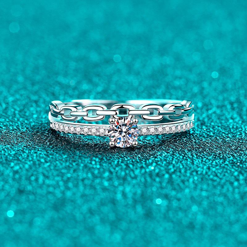 

Серебряное кольцо-цепочка S925 с муассанитом для женщин, двойной слой - Элегантный повседневный подарок Size 6.75