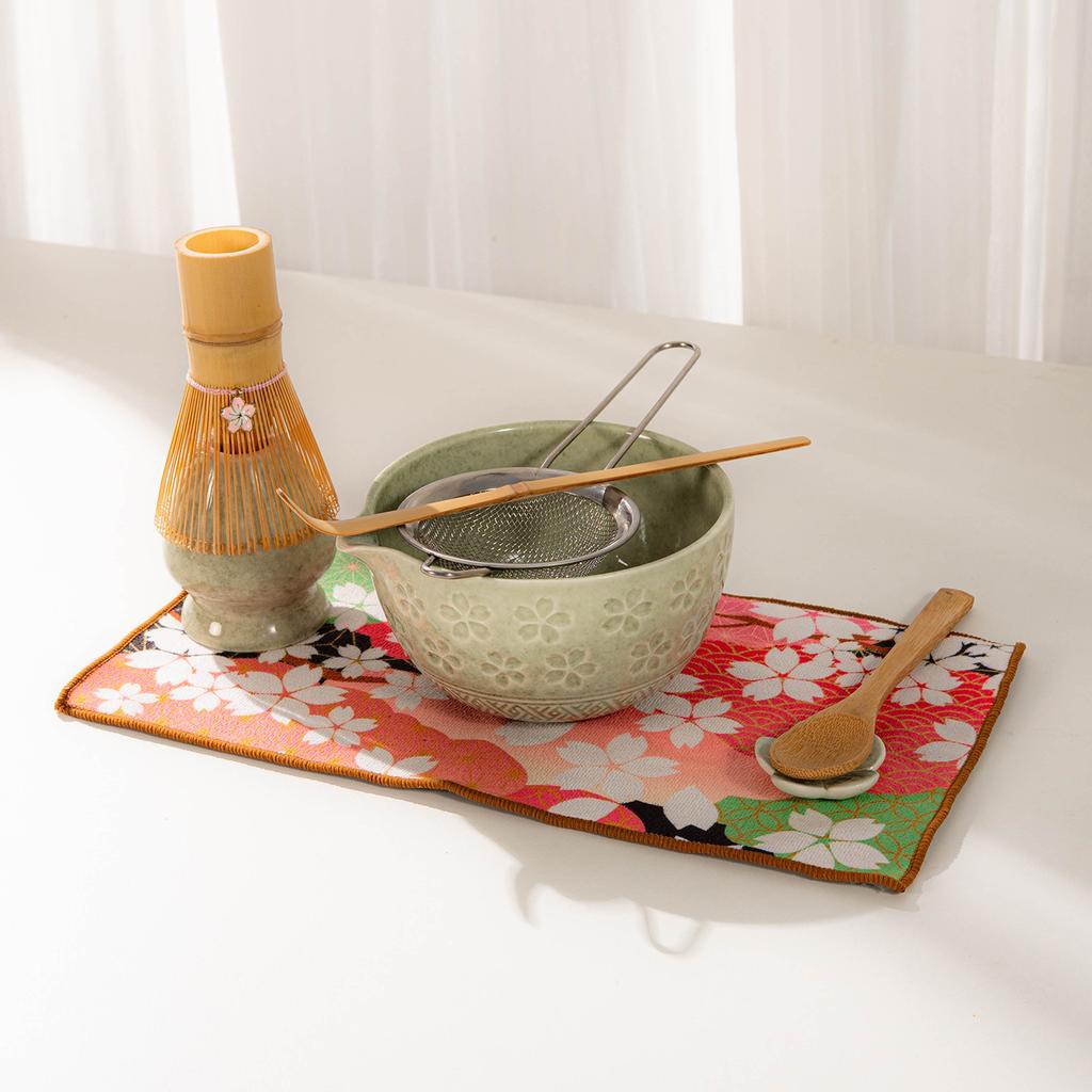Japanese Matcha Tea Set With Cherry Blossom Pattern, Bamboo Whisk, Ceramic Matcha Bowl, Matcha Making Kit, Tea Utensils Set Gift