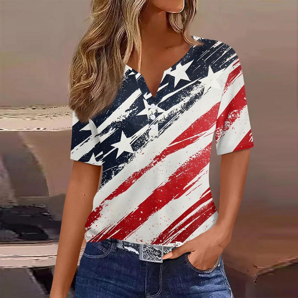 Women's T Shirt Tee Independence Day Print Button Short Sleeve Daily Weekend Fashion Basic V-Neck Regular Top