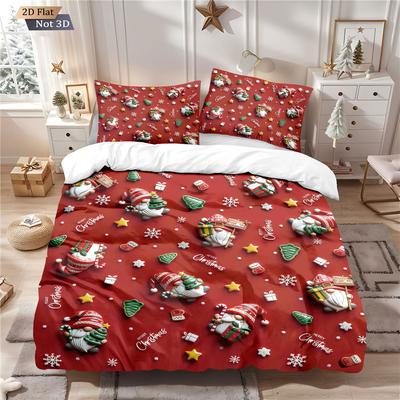 3pcs Red Christmas Gnome Print Coreless Duvet Set Multi Size Bedroom Dormitory Bedding Decoration Soft  Machine Washable