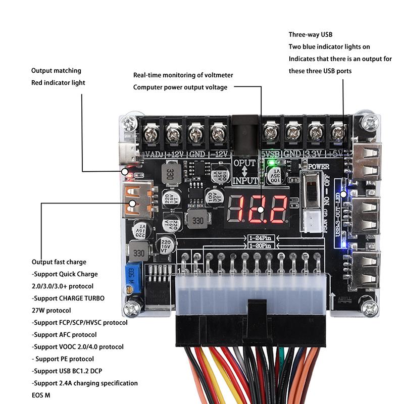 20/24 Pin Atx Power Adapter Board - Adjustable Voltage With Red Digital Display - Supports Pd2.0/Pd3.0