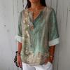 Women's Fashionable Casual V-neck Button Seven Quarter Sleeve Printed Cotton And Linen Top