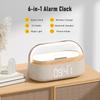 Portable Dual Alarm clock Bluetooth Speaker, Phone holder Wireless Charger, FM Radio & Dimmable Light for Bedroom Office Home Gift Giving