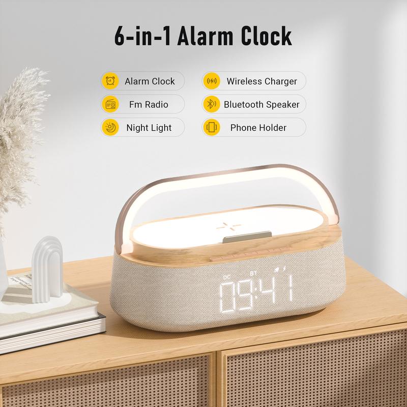 Portable Dual Alarm clock Bluetooth Speaker, Phone holder Wireless Charger, FM Radio & Dimmable Light for Bedroom Office Home Gift Giving