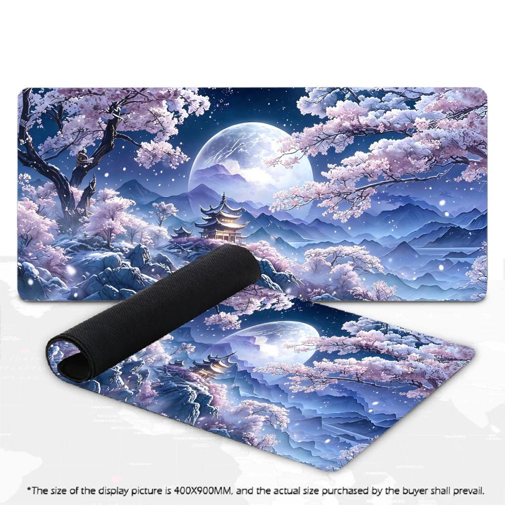 Tapis de Souris XXL Sakura Violet Pleine Lune Pagode Orientale Portail Torii Lac de Montagne Tapis de Jeu Antidérapant Pour Décoration de Bureau