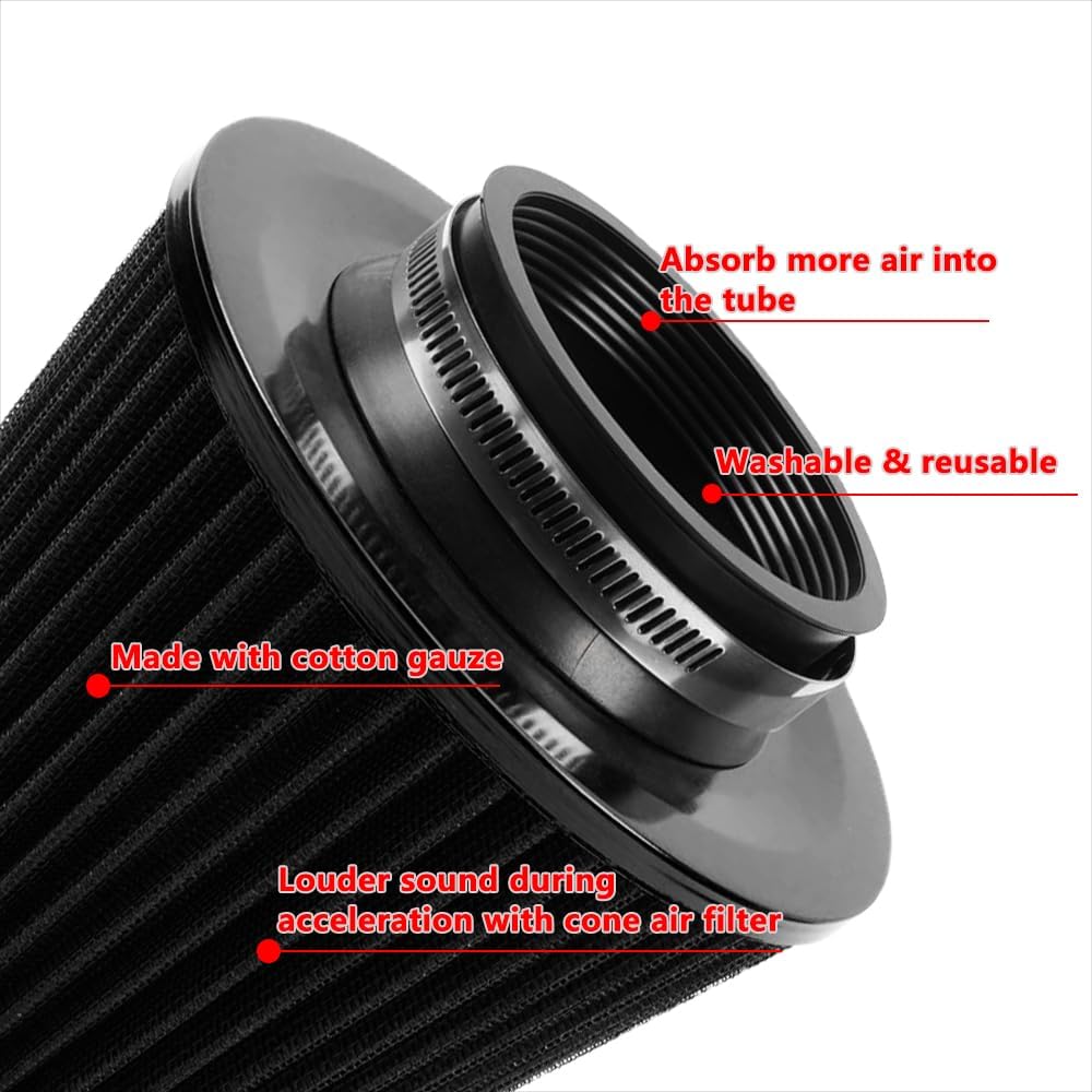Black 3" Inlet High Flow Clamp-On Cold Air Intake Filter Cleaner 76Mm Cone Replacement Dry Air Filter