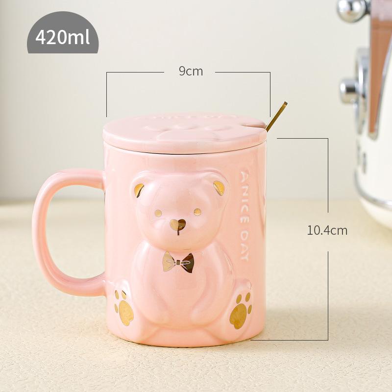 Lehký luxusní kreativní reliéfní hrnek s medvídkem s víčkem a lžičkou, velkoobjemový keramický jednoduchý domácí pohár na vodu, dárková krabička