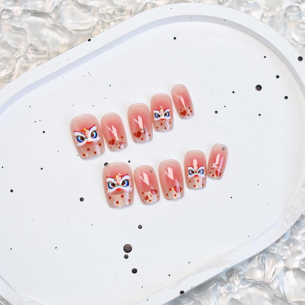 Sweetheart Pink French Heart Lion Dance Wearable Nails - Short New Year Nail Art Patches in Sweet Style
